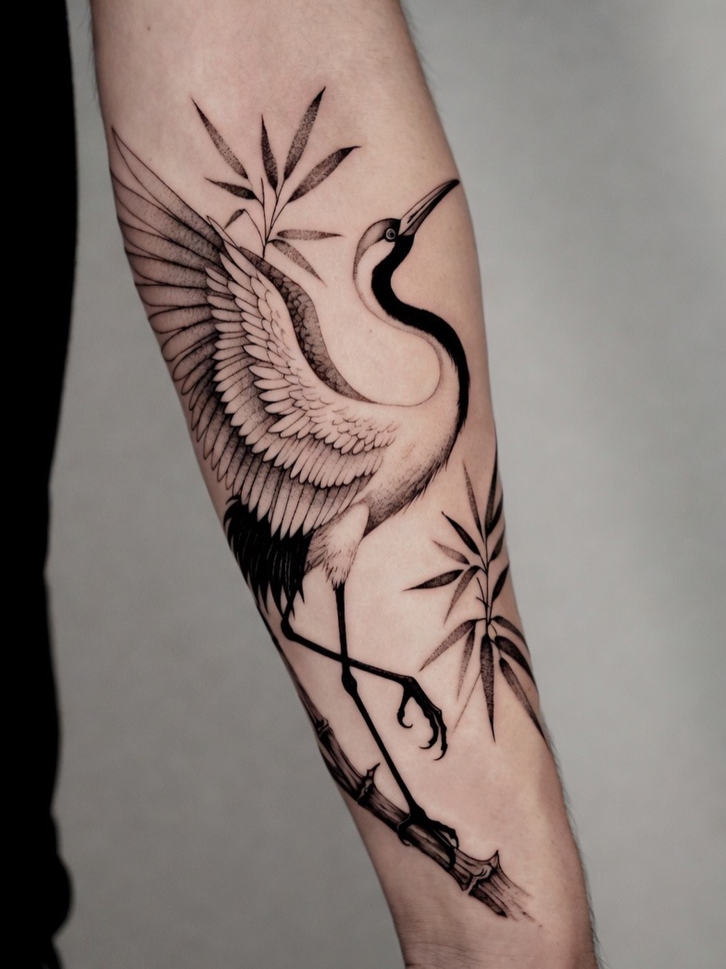 Crane and bamboo tattoo